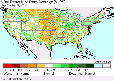 United States NDVI Departure from Average (VIIRS) Thematic Map For 9/22/2022 - 9/29/2022