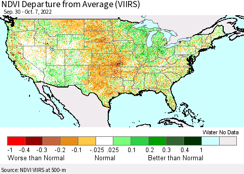 United States NDVI Departure from Average (VIIRS) Thematic Map For 9/30/2022 - 10/7/2022