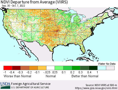 United States NDVI Departure from Average (VIIRS) Thematic Map For 10/1/2022 - 10/10/2022