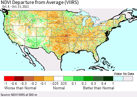 United States NDVI Departure from Average (VIIRS) Thematic Map For 10/8/2022 - 10/15/2022