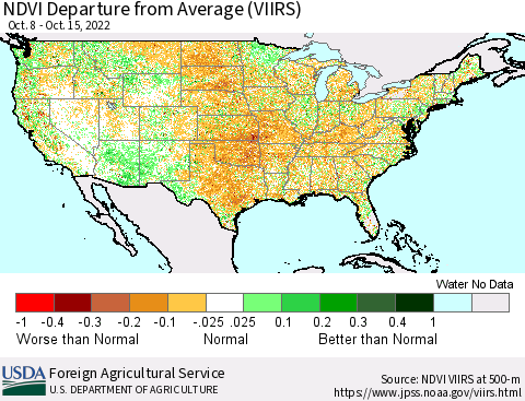 United States NDVI Departure from Average (VIIRS) Thematic Map For 10/11/2022 - 10/20/2022