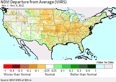 United States NDVI Departure from Average (VIIRS) Thematic Map For 11/1/2022 - 11/8/2022