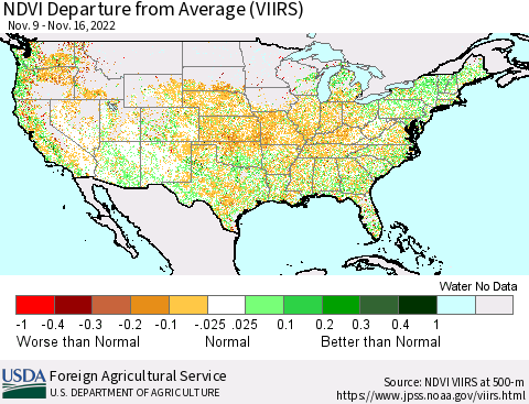 United States NDVI Departure from Average (VIIRS) Thematic Map For 11/11/2022 - 11/20/2022