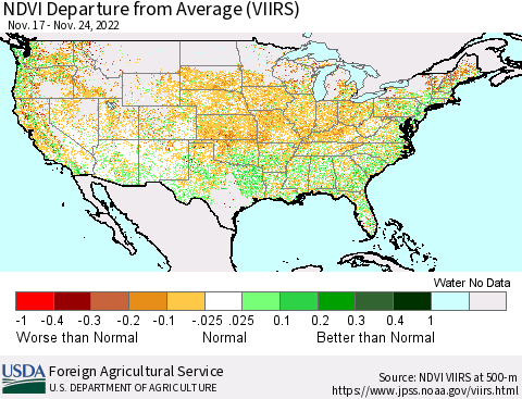 United States NDVI Departure from Average (VIIRS) Thematic Map For 11/21/2022 - 11/30/2022