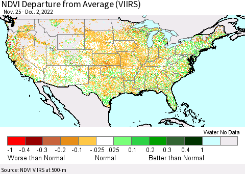 United States NDVI Departure from Average (VIIRS) Thematic Map For 11/25/2022 - 12/2/2022