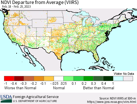 United States NDVI Departure from Average (VIIRS) Thematic Map For 2/21/2023 - 2/28/2023