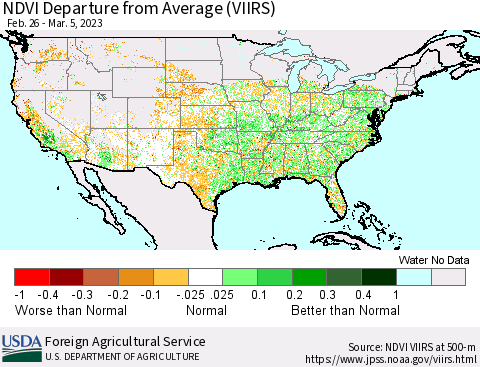 United States NDVI Departure from Average (VIIRS) Thematic Map For 3/1/2023 - 3/10/2023