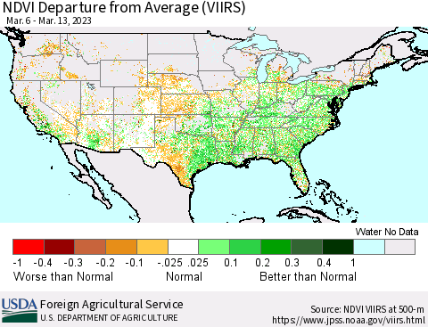 United States NDVI Departure from Average (VIIRS) Thematic Map For 3/11/2023 - 3/20/2023