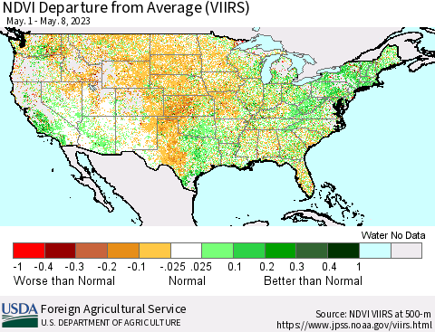 United States NDVI Departure from Average (VIIRS) Thematic Map For 5/1/2023 - 5/10/2023