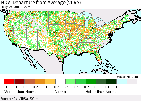United States NDVI Departure from Average (VIIRS) Thematic Map For 5/25/2023 - 6/1/2023