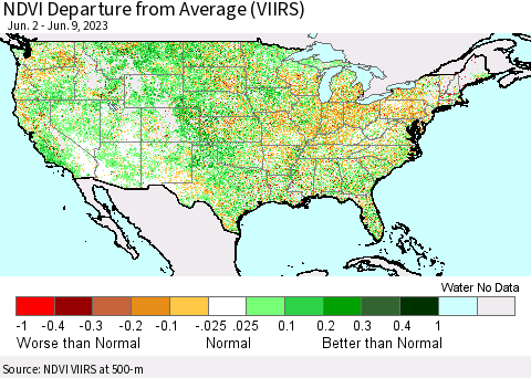 United States NDVI Departure from Average (VIIRS) Thematic Map For 6/2/2023 - 6/9/2023