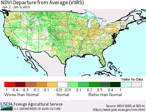 United States NDVI Departure from Average (VIIRS) Thematic Map For 6/1/2023 - 6/10/2023
