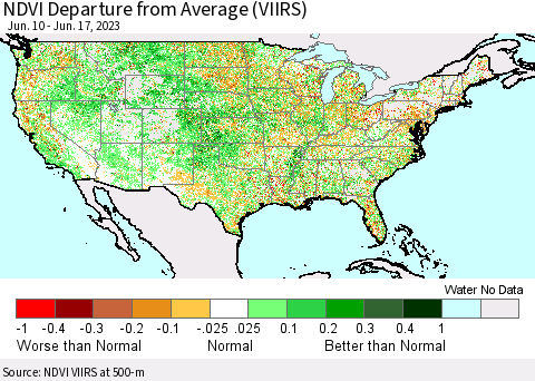 United States NDVI Departure from Average (VIIRS) Thematic Map For 6/10/2023 - 6/17/2023