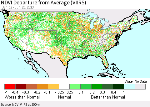 United States NDVI Departure from Average (VIIRS) Thematic Map For 6/18/2023 - 6/25/2023