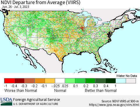 United States NDVI Departure from Average (VIIRS) Thematic Map For 7/1/2023 - 7/10/2023