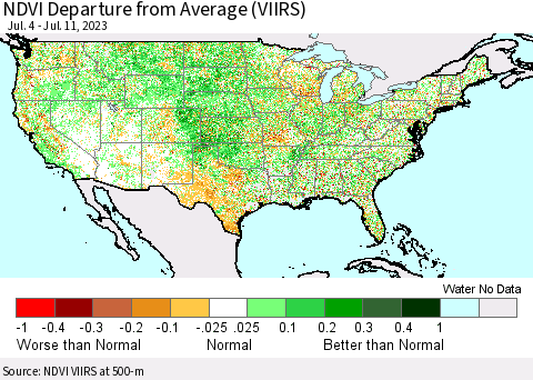 United States NDVI Departure from Average (VIIRS) Thematic Map For 7/4/2023 - 7/11/2023