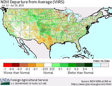 United States NDVI Departure from Average (VIIRS) Thematic Map For 7/11/2023 - 7/20/2023