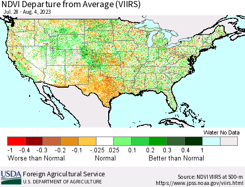 United States NDVI Departure from Average (VIIRS) Thematic Map For 8/1/2023 - 8/10/2023