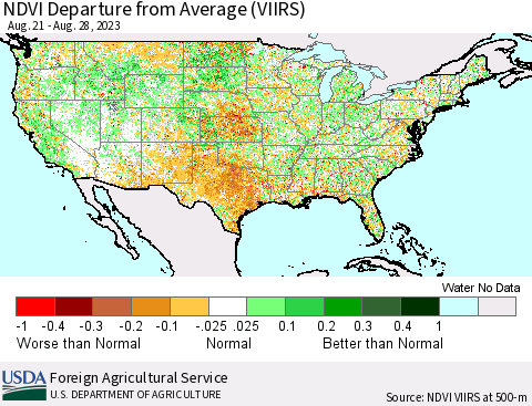 United States NDVI Departure from Average (VIIRS) Thematic Map For 8/21/2023 - 8/31/2023