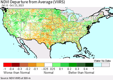 United States NDVI Departure from Average (VIIRS) Thematic Map For 10/8/2023 - 10/15/2023