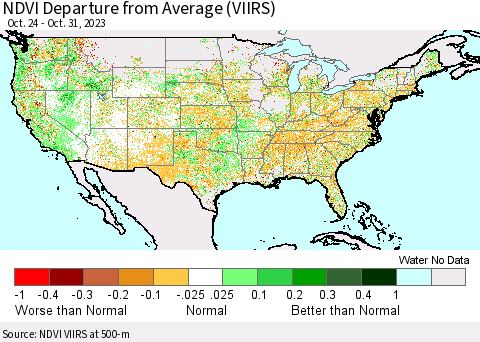 United States NDVI Departure from Average (VIIRS) Thematic Map For 10/24/2023 - 10/31/2023