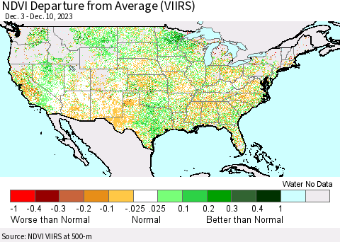 United States NDVI Departure from Average (VIIRS) Thematic Map For 12/3/2023 - 12/10/2023