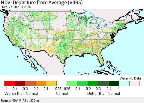 United States NDVI Departure from Average (VIIRS) Thematic Map For 12/27/2023 - 1/3/2024