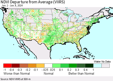 United States NDVI Departure from Average (VIIRS) Thematic Map For 1/1/2024 - 1/8/2024