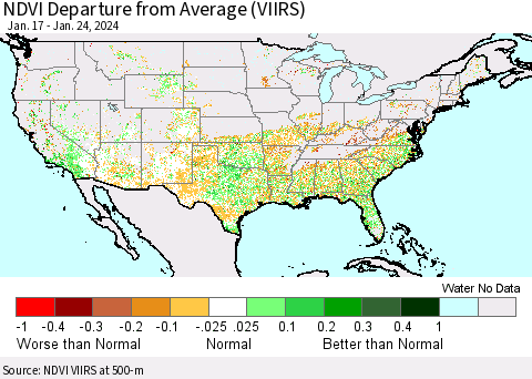 United States NDVI Departure from Average (VIIRS) Thematic Map For 1/17/2024 - 1/24/2024