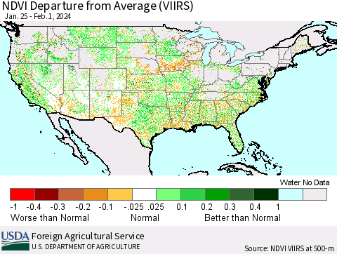 United States NDVI Departure from Average (VIIRS) Thematic Map For 1/25/2024 - 2/1/2024
