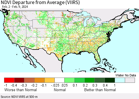 United States NDVI Departure from Average (VIIRS) Thematic Map For 2/2/2024 - 2/9/2024
