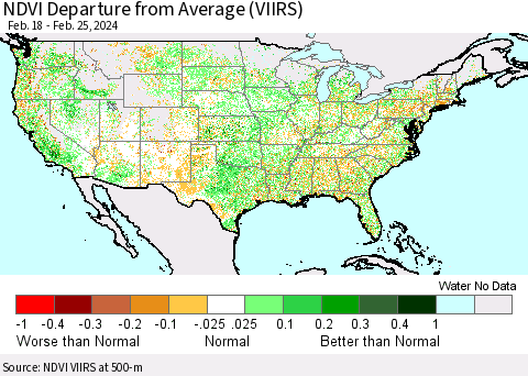 United States NDVI Departure from Average (VIIRS) Thematic Map For 2/18/2024 - 2/25/2024