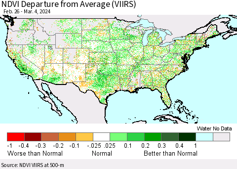United States NDVI Departure from Average (VIIRS) Thematic Map For 2/26/2024 - 3/4/2024