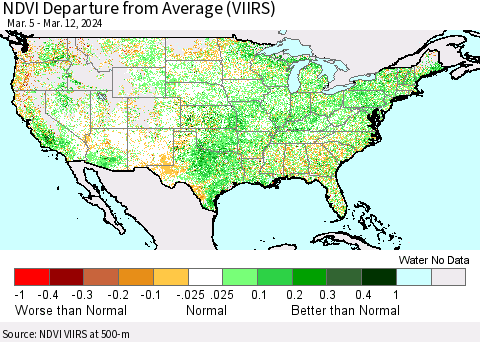 United States NDVI Departure from Average (VIIRS) Thematic Map For 3/5/2024 - 3/12/2024