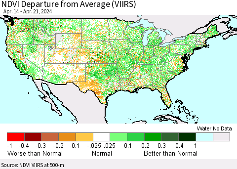 United States NDVI Departure from Average (VIIRS) Thematic Map For 4/14/2024 - 4/21/2024