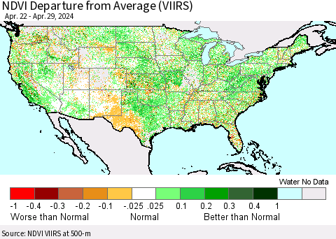 United States NDVI Departure from Average (VIIRS) Thematic Map For 4/22/2024 - 4/29/2024