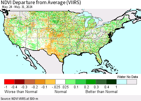 United States NDVI Departure from Average (VIIRS) Thematic Map For 5/24/2024 - 5/31/2024