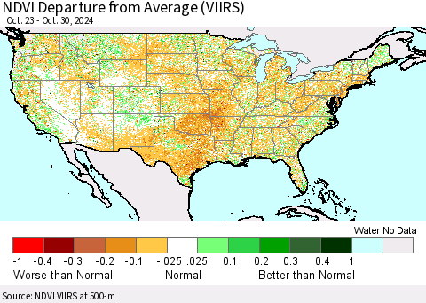 United States NDVI Departure from Average (VIIRS) Thematic Map For 10/23/2024 - 10/30/2024