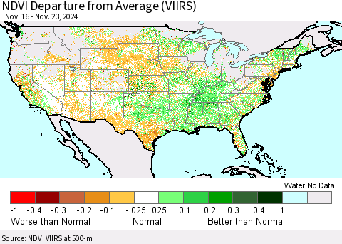 United States NDVI Departure from Average (VIIRS) Thematic Map For 11/16/2024 - 11/23/2024