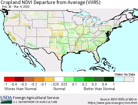 United States Cropland NDVI Departure from Average (VIIRS) Thematic Map For 3/1/2020 - 3/10/2020