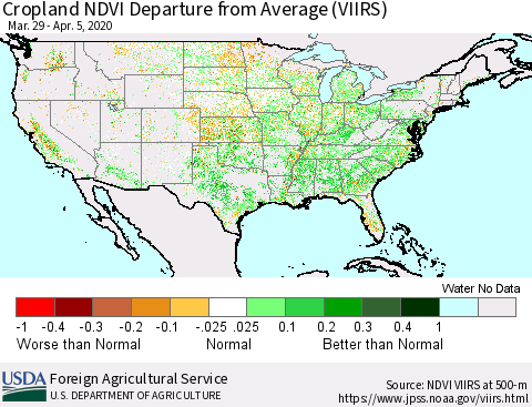 United States Cropland NDVI Departure from Average (VIIRS) Thematic Map For 4/1/2020 - 4/10/2020