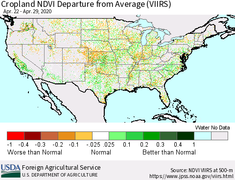 United States Cropland NDVI Departure from Average (VIIRS) Thematic Map For 4/21/2020 - 4/30/2020