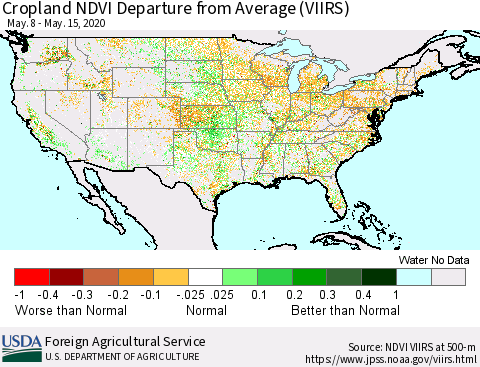 United States Cropland NDVI Departure from Average (VIIRS) Thematic Map For 5/11/2020 - 5/20/2020
