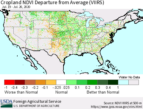 United States Cropland NDVI Departure from Average (VIIRS) Thematic Map For 7/21/2020 - 7/31/2020