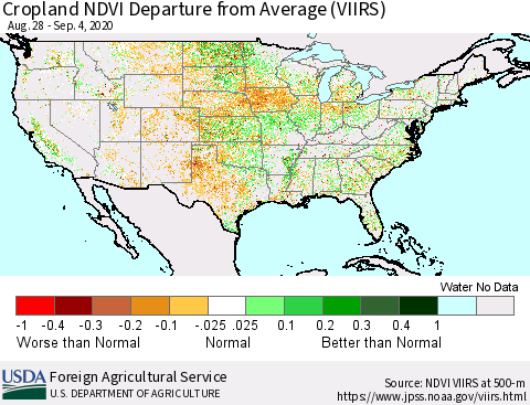United States Cropland NDVI Departure from Average (VIIRS) Thematic Map For 9/1/2020 - 9/10/2020