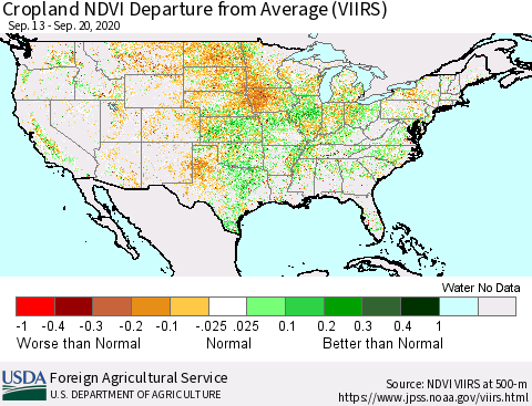 United States Cropland NDVI Departure from Average (VIIRS) Thematic Map For 9/11/2020 - 9/20/2020