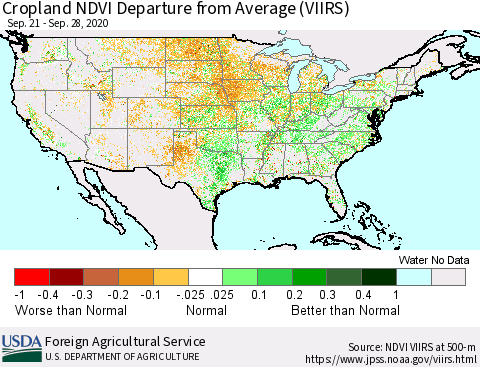 United States Cropland NDVI Departure from Average (VIIRS) Thematic Map For 9/21/2020 - 9/30/2020