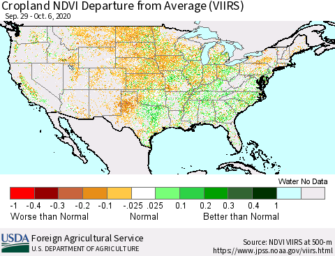 United States Cropland NDVI Departure from Average (VIIRS) Thematic Map For 10/1/2020 - 10/10/2020