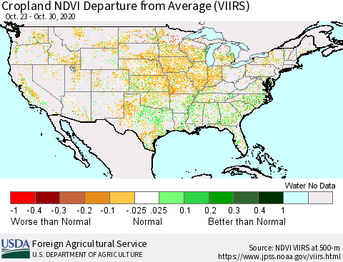 United States Cropland NDVI Departure from Average (VIIRS) Thematic Map For 10/21/2020 - 10/31/2020