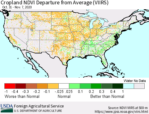 United States Cropland NDVI Departure from Average (VIIRS) Thematic Map For 11/1/2020 - 11/10/2020